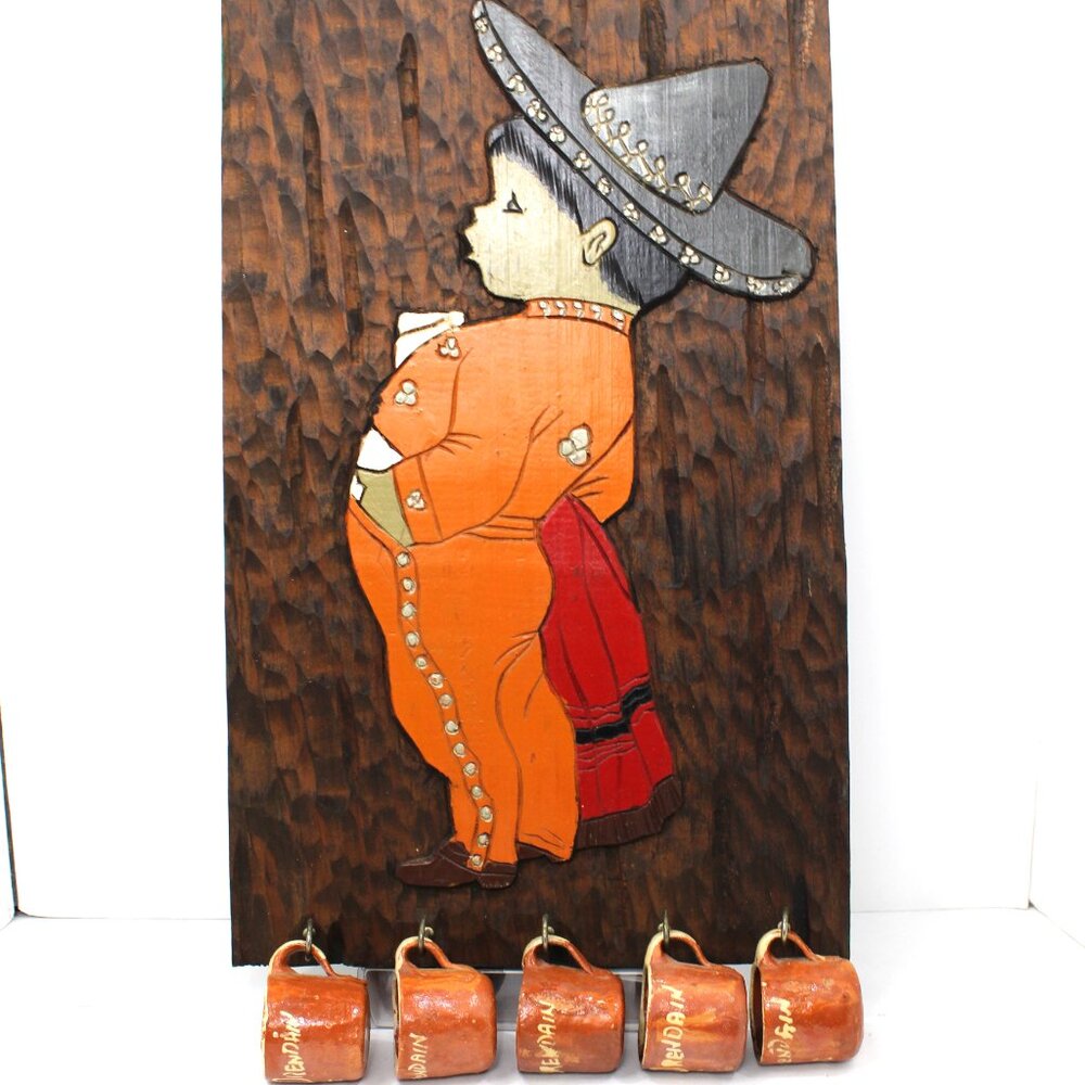 VTG Mexican Folk Art Lil Bull Fighter w/Sombrero Red Pottery Tequila Shot Cups